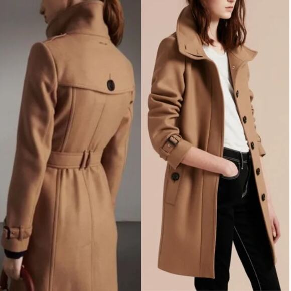 Burberry Trench Coat Long Tan Brown Cashmere Wool Nova Check Womens Jacket US 10 - Picture 1 of 16